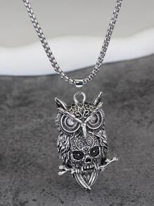 Men Owl Pendant Necklace - Antique Silver - View 1