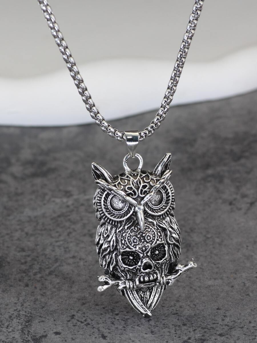 Men Owl Pendant Necklace - Antique Silver - View 1