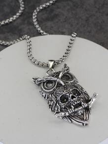 Men Owl Pendant Necklace - Antique Silver - View 5