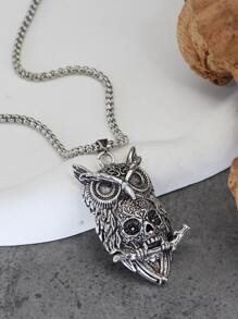 Men Owl Pendant Necklace - Antique Silver - View 8