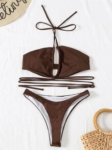 SHEIN Swim Bộ Bikini dây quấn đi biển mùa hè - Màu nâu Sô-cô-la - Xem 4