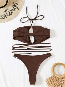 SHEIN Swim Bộ Bikini dây quấn đi biển mùa hè - Màu nâu Sô-cô-la - Xem 5