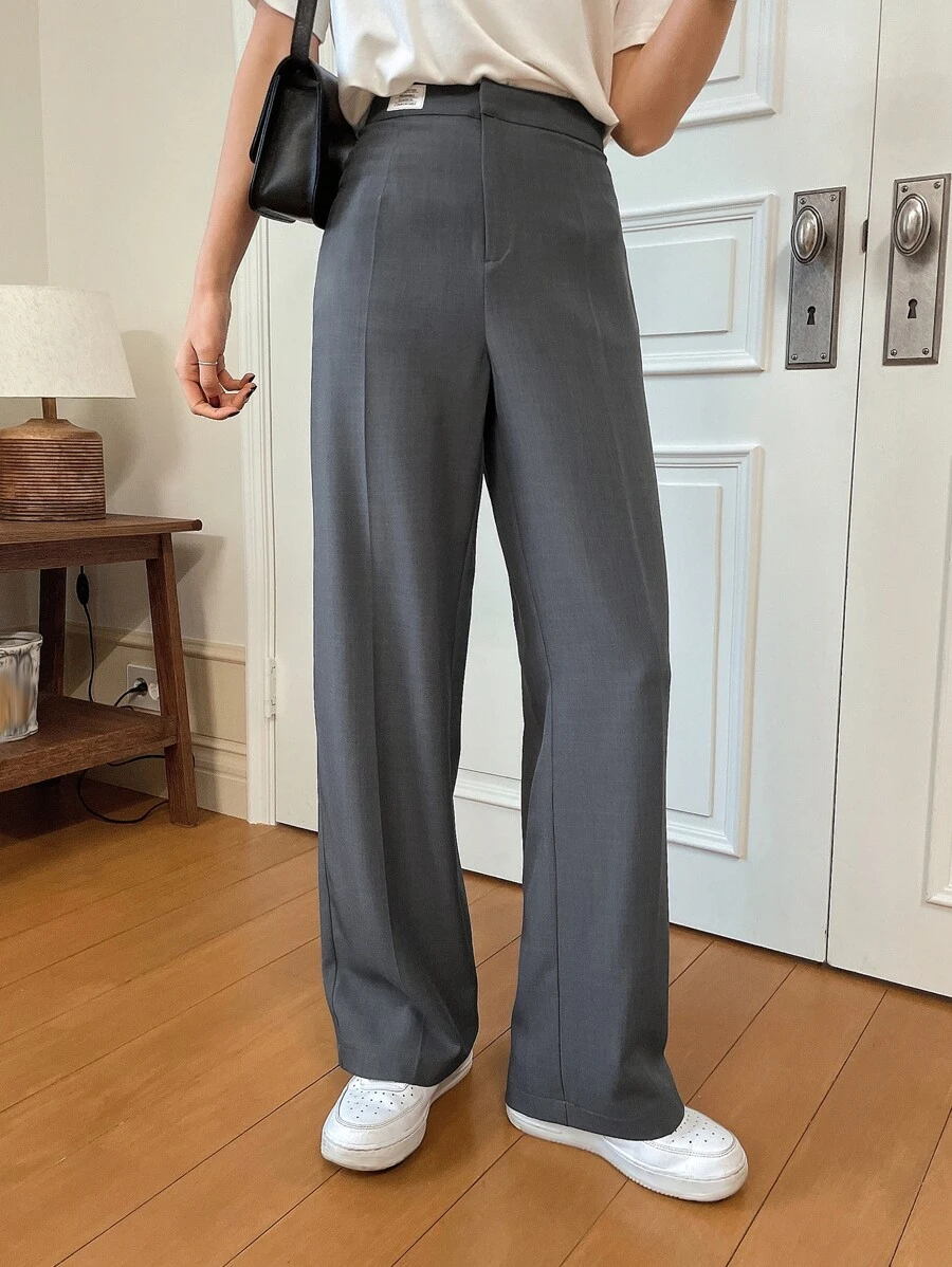 DAZY Letter Patched Straight Leg Trousers - Grey - View 1