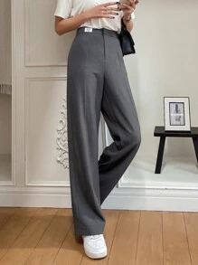 DAZY Letter Patched Straight Leg Trousers - Grey - View 3