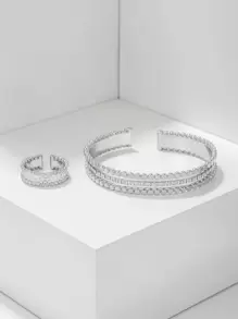 2pcs/set Minimalist Cuff Bangle & Ring Copper Jewelry - Silver - View 1