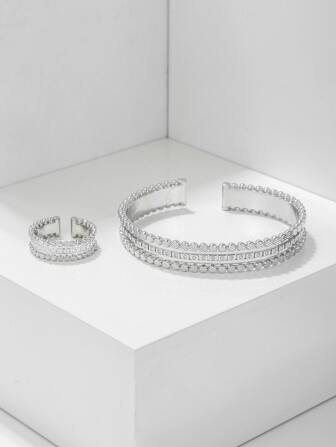 2入組/套極簡開口手鐲和戒指銅首飾類