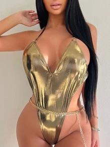 Phụ nữ một mảnh Lộ Lưng màu trơn Thanh lịch - Vàng - Xem 1