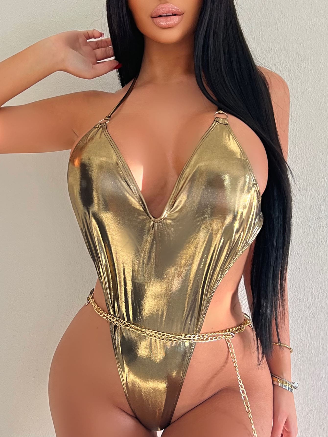 Phụ nữ một mảnh Lộ Lưng màu trơn Thanh lịch - Vàng - Xem 1