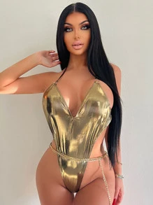 Phụ nữ một mảnh Lộ Lưng màu trơn Thanh lịch - Vàng - Xem 3