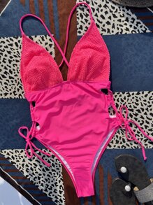 Lace Up Side Halter One Piece Swimsuit - Hot Pink - View 2