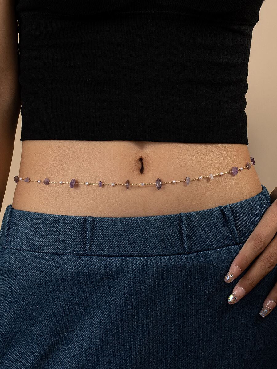 Stone Faux Pearl Decor Waist Chain - Multicolor - View 1