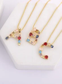 1入組方晶鋯石字母墜飾項鍊 - 金黃色 - 查看 1