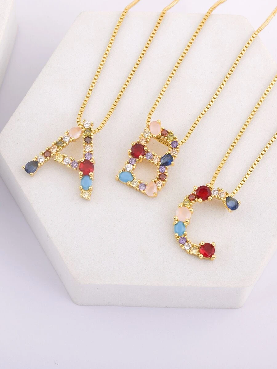 1入組方晶鋯石字母墜飾項鍊 - 金黃色 - 查看 1