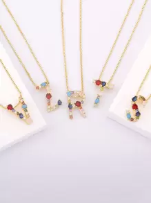 1入組方晶鋯石字母墜飾項鍊 - 金黃色 - 查看 3