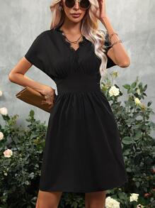 SHEIN VCAY Đầm Tương phản ren màu trơn Giải trí - màu đen - Xem 3