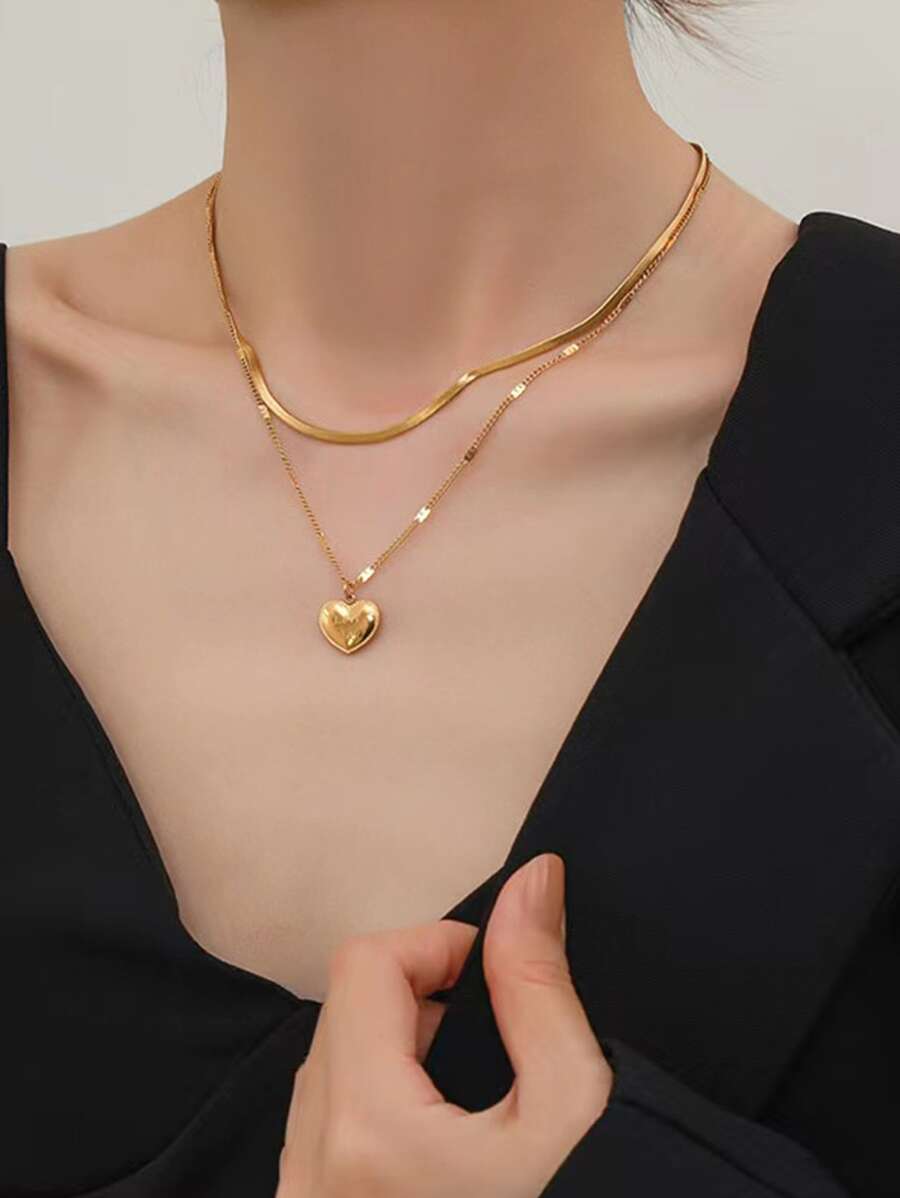 Heart Charm Layered Necklace - Yellow Gold - View 1