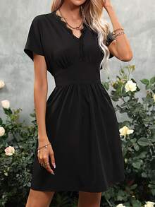 SHEIN VCAY Đầm Tương phản ren màu trơn Giải trí - màu đen - Xem 6