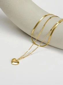 Heart Charm Layered Necklace - Yellow Gold - View 2
