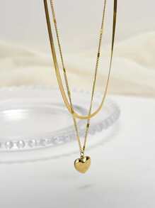 Heart Charm Layered Necklace - Yellow Gold - View 3