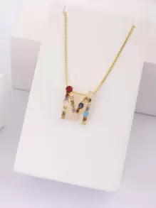 1入組方晶鋯石字母墜飾項鍊 - 金黃色 - 查看 10