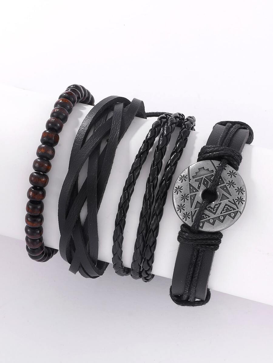 Hombres Pulsera de cuerda con diseño geométrico con diseño redondo - Negro - Ver 1