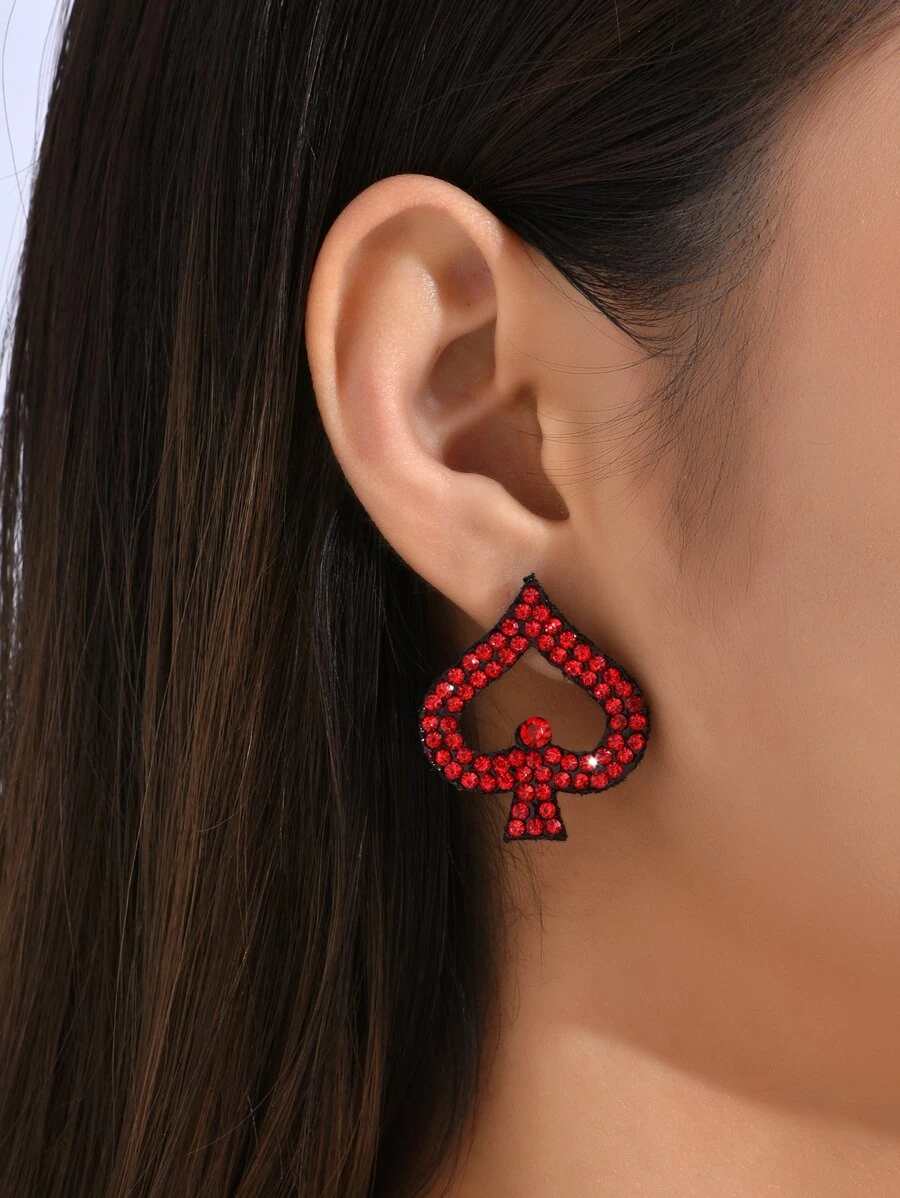 Rhinestone Spade Stud Earrings - Red - View 1