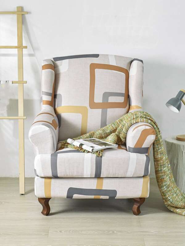 1pc Geometric Pattern Wing Chair Slipcover, Modern Polyester Wingback