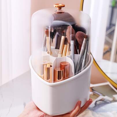 化妆刷收纳桶，1个心形塑料化妆品收纳盒，防水防尘，透明盖，唇彩收纳盒，适用于台面、梳妆台和浴室的桌面收纳盒 - 白色，女士礼物，圣诞礼物，女士礼物创意，房间装饰