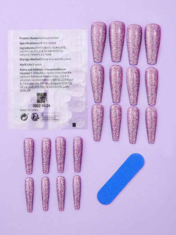 Elevate Your Style with 20pcs Long Coffin Glitter Fake Nail & 1pc Nail