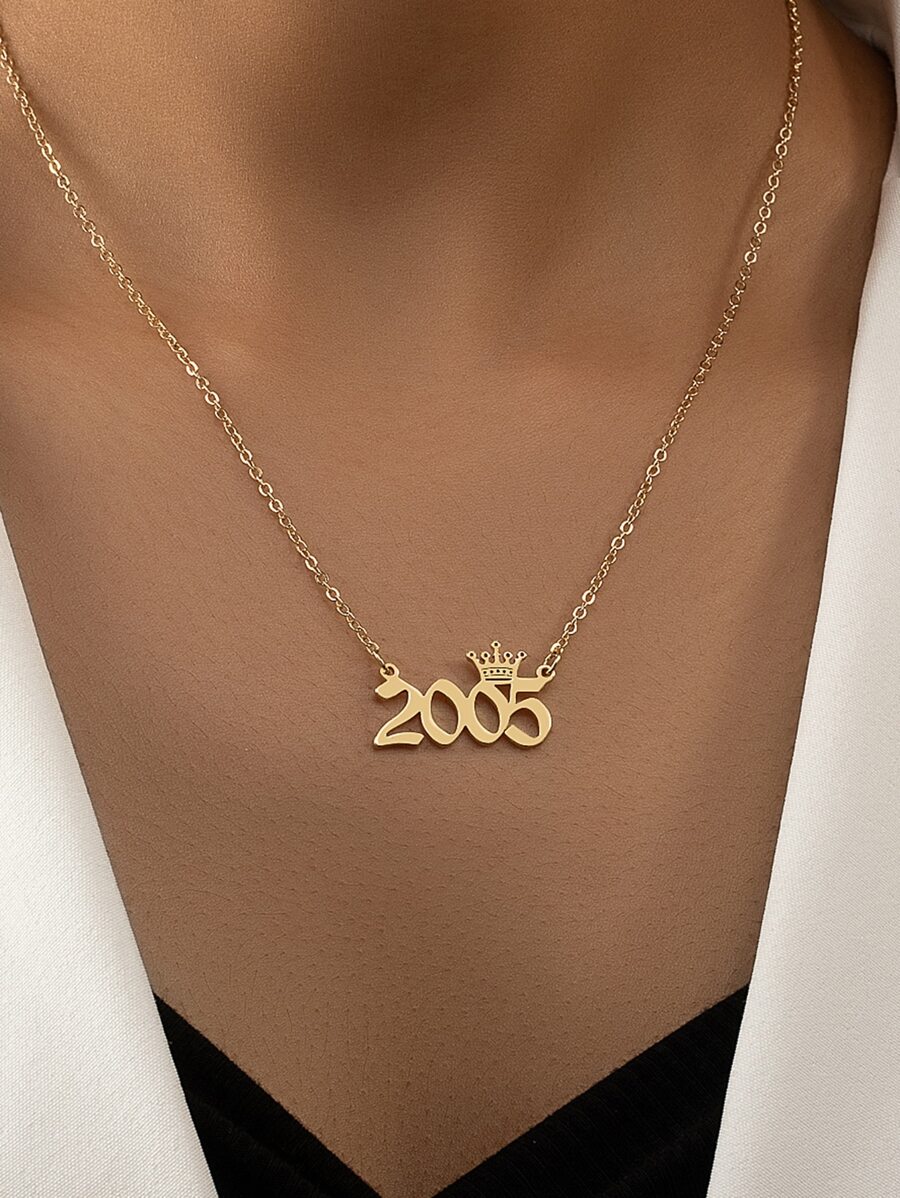 Crown & Year Number Charm Necklace - Yellow Gold - View 1