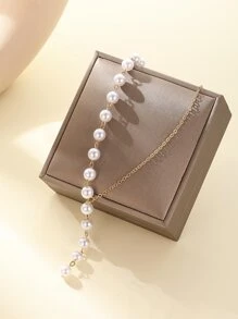 人造珍珠裝飾Y字項鍊 - 白色 - 查看 1