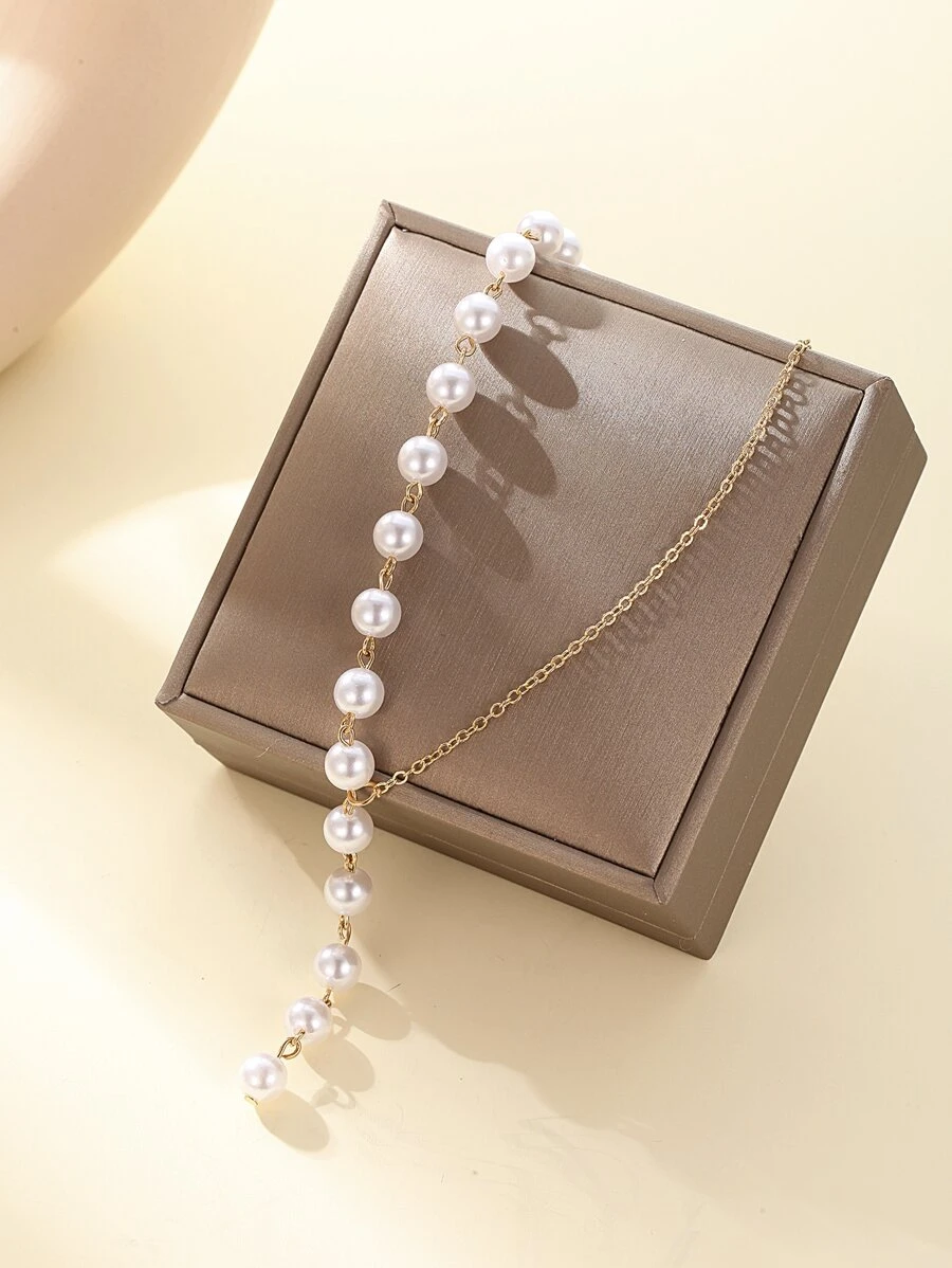 人造珍珠裝飾Y字項鍊 - 白色 - 查看 1