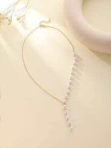 人造珍珠裝飾Y字項鍊 - 白色 - 查看 2