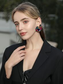 Random Color Rhinestone Heart Stud Earrings - Multicolor - View 1