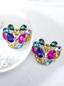 Random Color Rhinestone Heart Stud Earrings - Multicolor - View 2