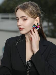 Random Color Rhinestone Heart Stud Earrings - Multicolor - View 3