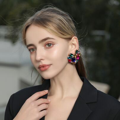 隨機色水鑽心耳釘