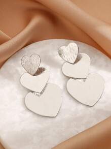 1 par de pendientes con forma de corazón triple exagerada y personalizada, accesorios de oreja retro metálicos, regalo para la novia - Plateado - Ver 2