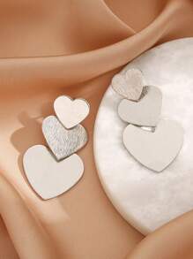 1 par de pendientes con forma de corazón triple exagerada y personalizada, accesorios de oreja retro metálicos, regalo para la novia - Plateado - Ver 3