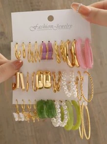 18pairs/Set Faux Pearl Decor Hoop Earrings - Multicolor - View 1