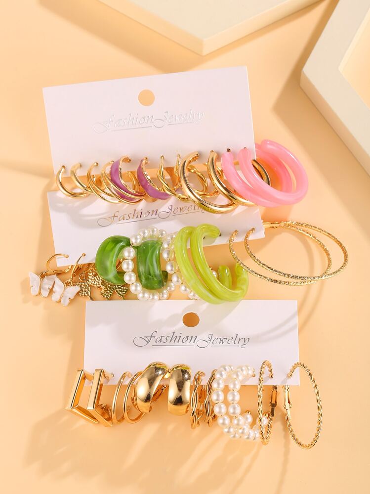 18pairs/Set Faux Pearl Decor Hoop Earrings - Multicolor - View 2
