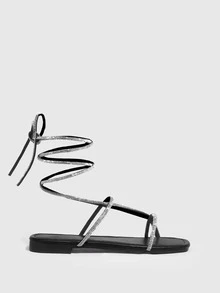 Rhinestone Decor Tie Leg Design Thong Sandals - Black - View 5