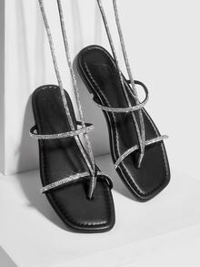 Rhinestone Decor Tie Leg Design Thong Sandals - Black - View 4