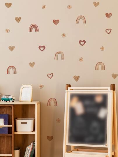 4 件套心形和彩虹印花墙贴，卡通 PVC 太阳和心形印花墙贴，家居装饰贴纸，墙贴，乙烯基贴花，春季装饰品，让您的家焕然一新，节日装饰贴纸礼物生日毕业