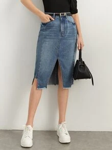 BizChic 斜口袋開叉毛邊牛仔半身裙不附腰帶 - 中等水洗藍 - 查看 8