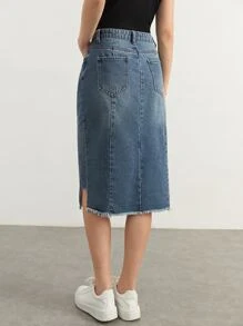BizChic 斜口袋開叉毛邊牛仔半身裙不附腰帶 - 中等水洗藍 - 查看 2