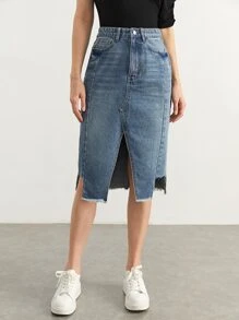 BizChic 斜口袋開叉毛邊牛仔半身裙不附腰帶 - 中等水洗藍 - 查看 3