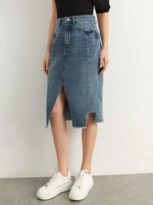 BizChic 斜口袋開叉毛邊牛仔半身裙不附腰帶 - 中等水洗藍 - 查看 4