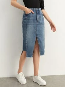 BizChic 斜口袋開叉毛邊牛仔半身裙不附腰帶 - 中等水洗藍 - 查看 5