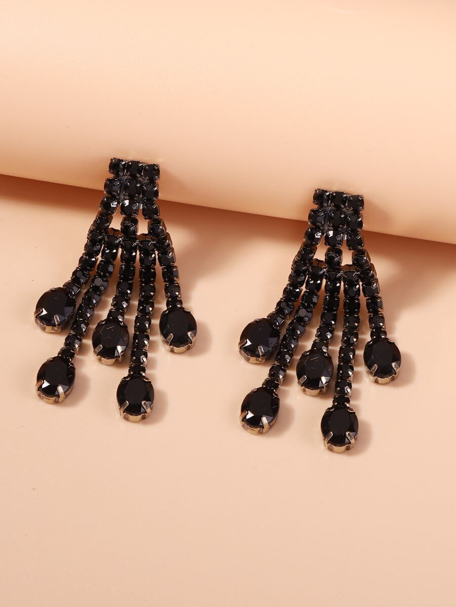 Rhinestone Tassel Drop Earrings - Gun Black - View 1